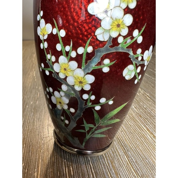Pair VTG/Antique Japanese Cloisonné Ginbari Vases - Red, Plum Branches Blossoms - Picture 3 of 10